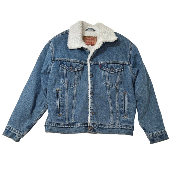 Levis 90s Sherpa Trucker Jacket Vintage Lined Blue Denim Medium Wash Mens Small - Picture 6 of 8
